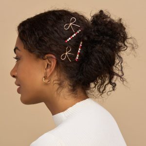 Alternative view of Red. Pink. & Green Gemstone and Bow Bobby Pins