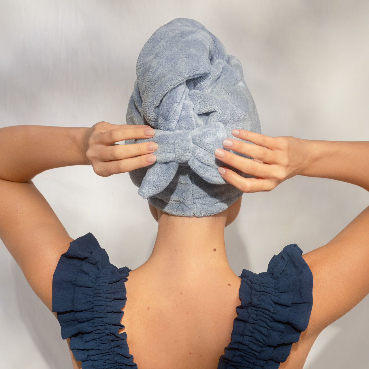 Coastal Blue Plush Microfiber Hair Towel Turban with Bow - Image 3