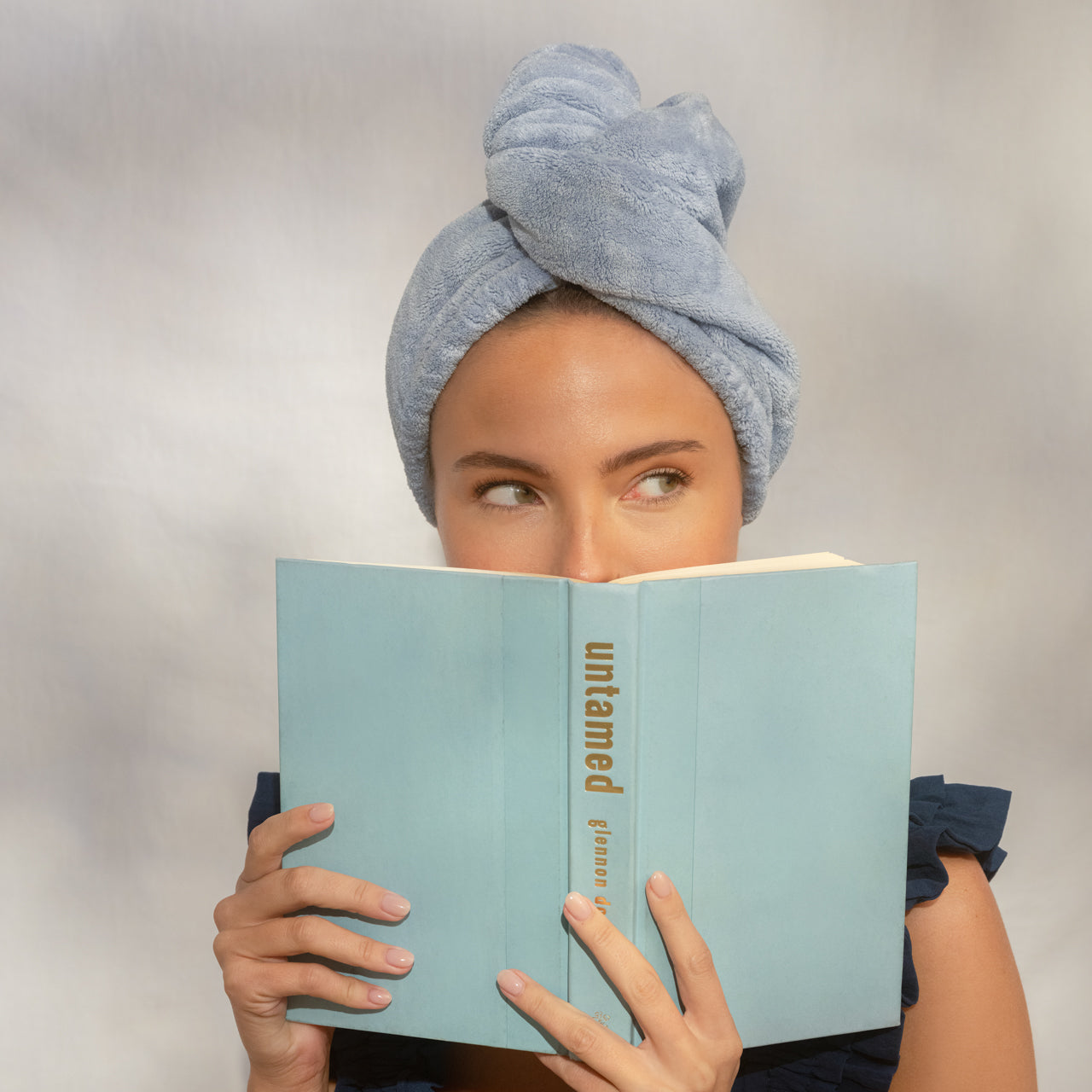 Coastal Blue Plush Microfiber Hair Towel Turban with Bow - Image 4