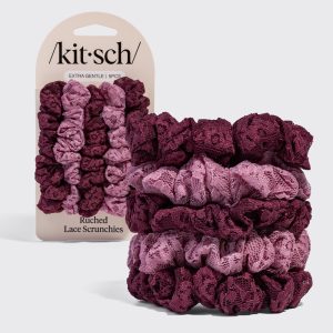 Cherry Lacquer & Dusty Pink Ruched Lace Scrunchies 5pc Set