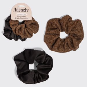 Black & Chocolate Metallic Mesh and Satin Scrunchies 2pc Set