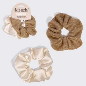 Cream & Gold Metallic Mesh and Satin Scrunchies 2pc Set