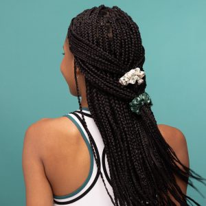 Alternative view of Cream. Court Green & Navy Blue Ruched Satin Scrunchies 5pc Set
