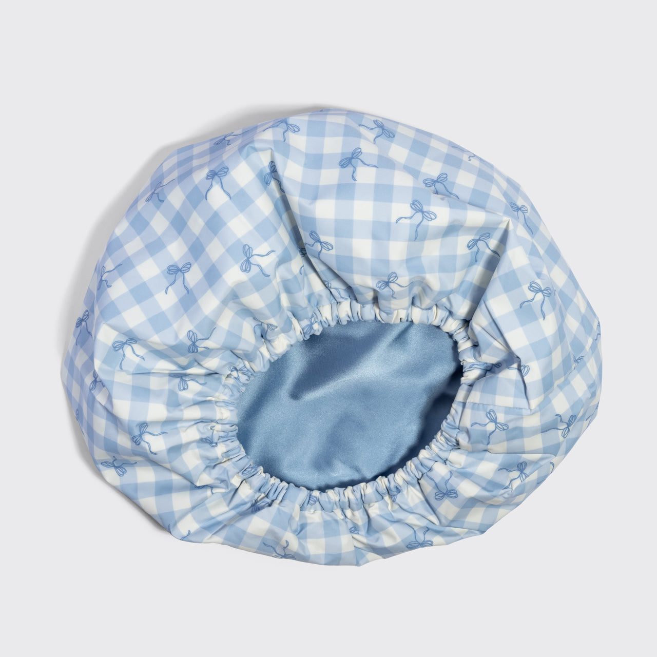 Gingham Blue Satin Lined Flexi Shower Cap - Image 3
