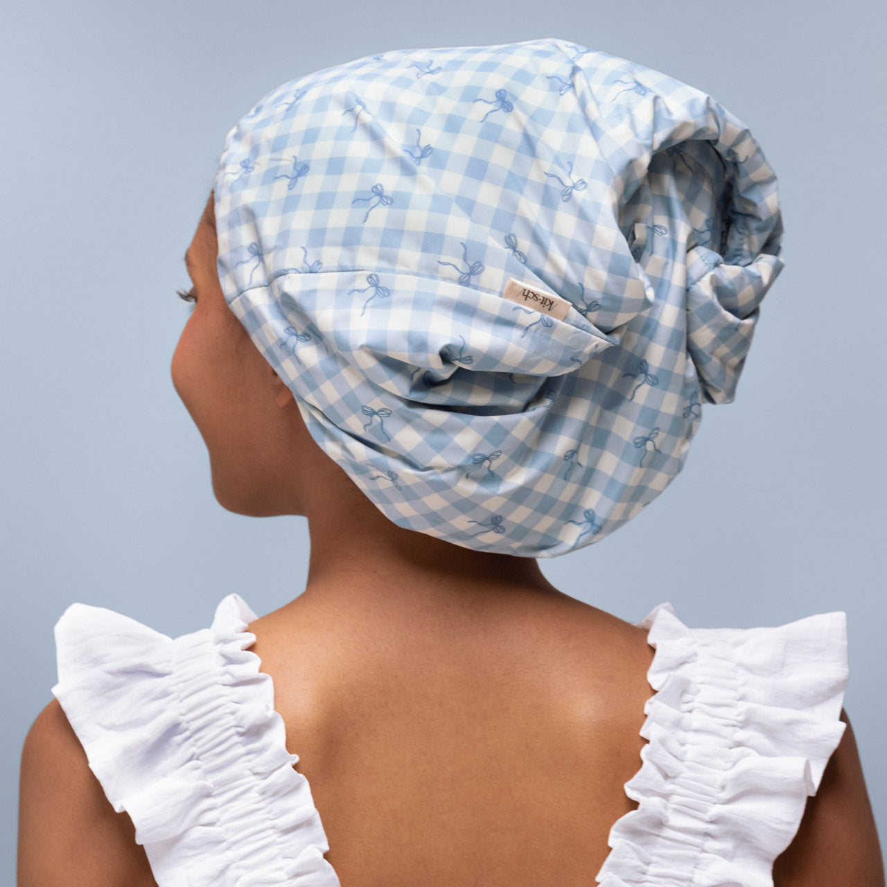 Gingham Blue Satin Lined Flexi Shower Cap - Image 4