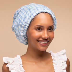 Alternative view of Gingham Blue Satin Lined Flexi Shower Cap