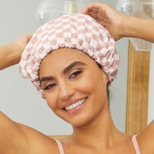Alternative view of Terracotta Checker Satin Shower Cap